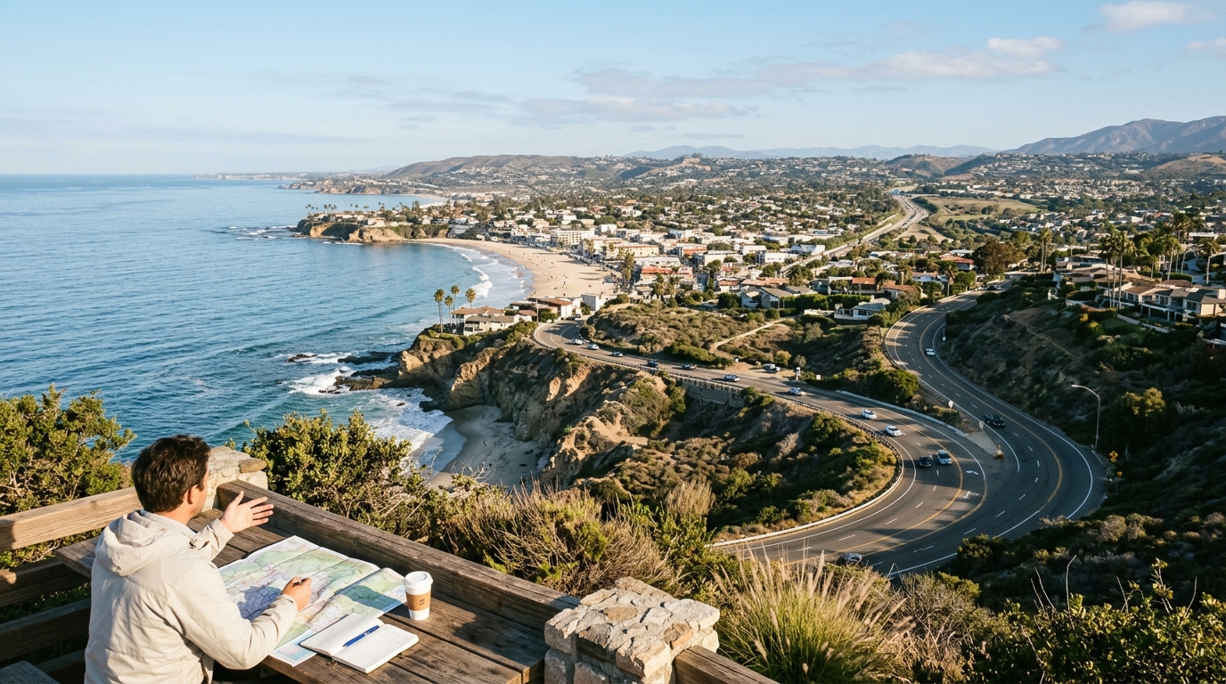 Coastal road leading through Orange County during a one-day trip