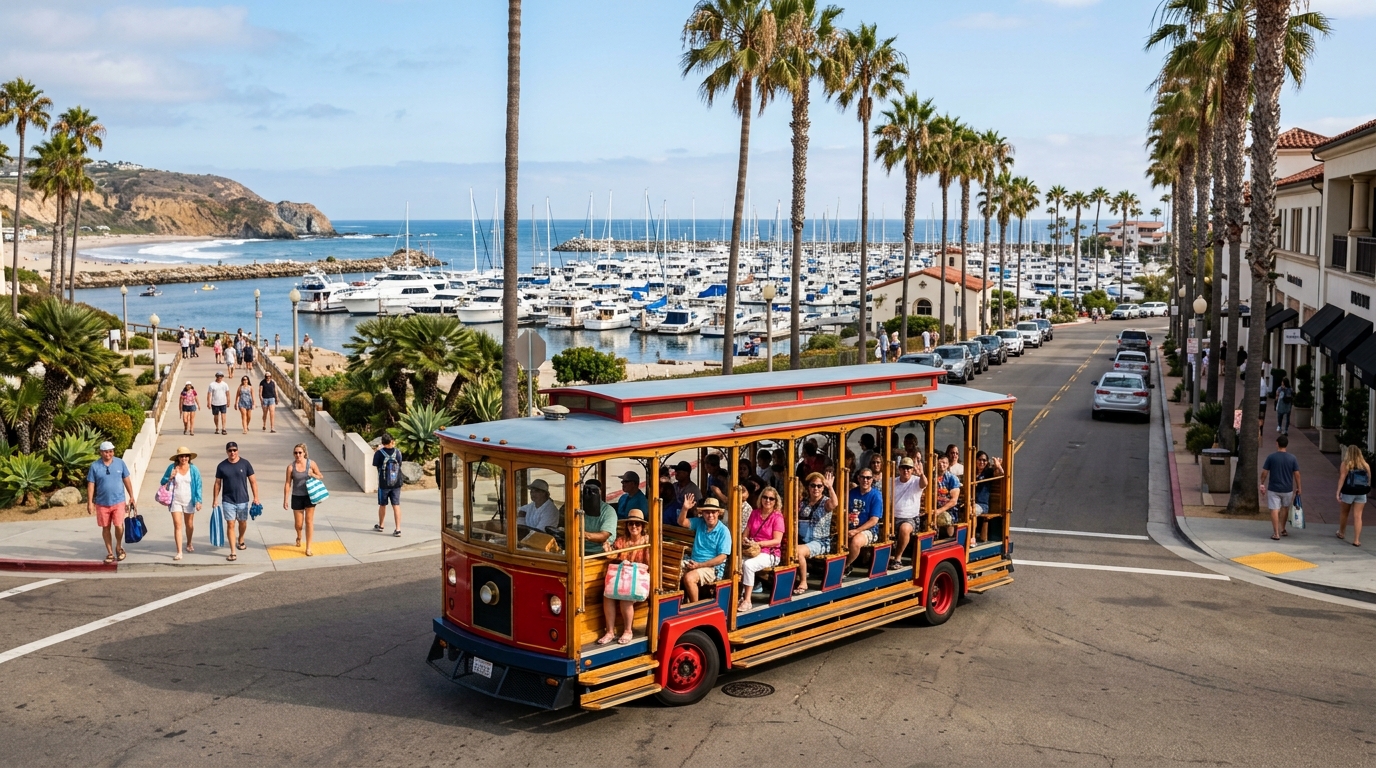 Coastal trolley carrying visitors near a South Orange County harbor