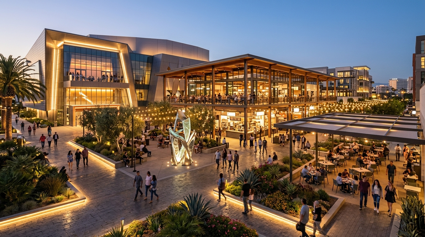 Conceptual visualization of a future pedestrian plaza in Anaheim’s OCVIBE district
