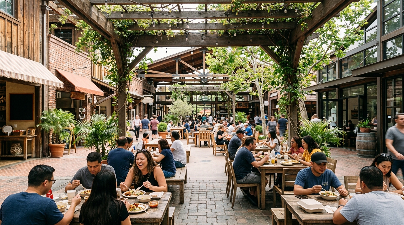 Diners in a shaded Orange County food district courtyard