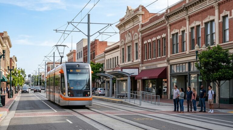 Electric streetcar undergoing testing in Downtown Santa Ana