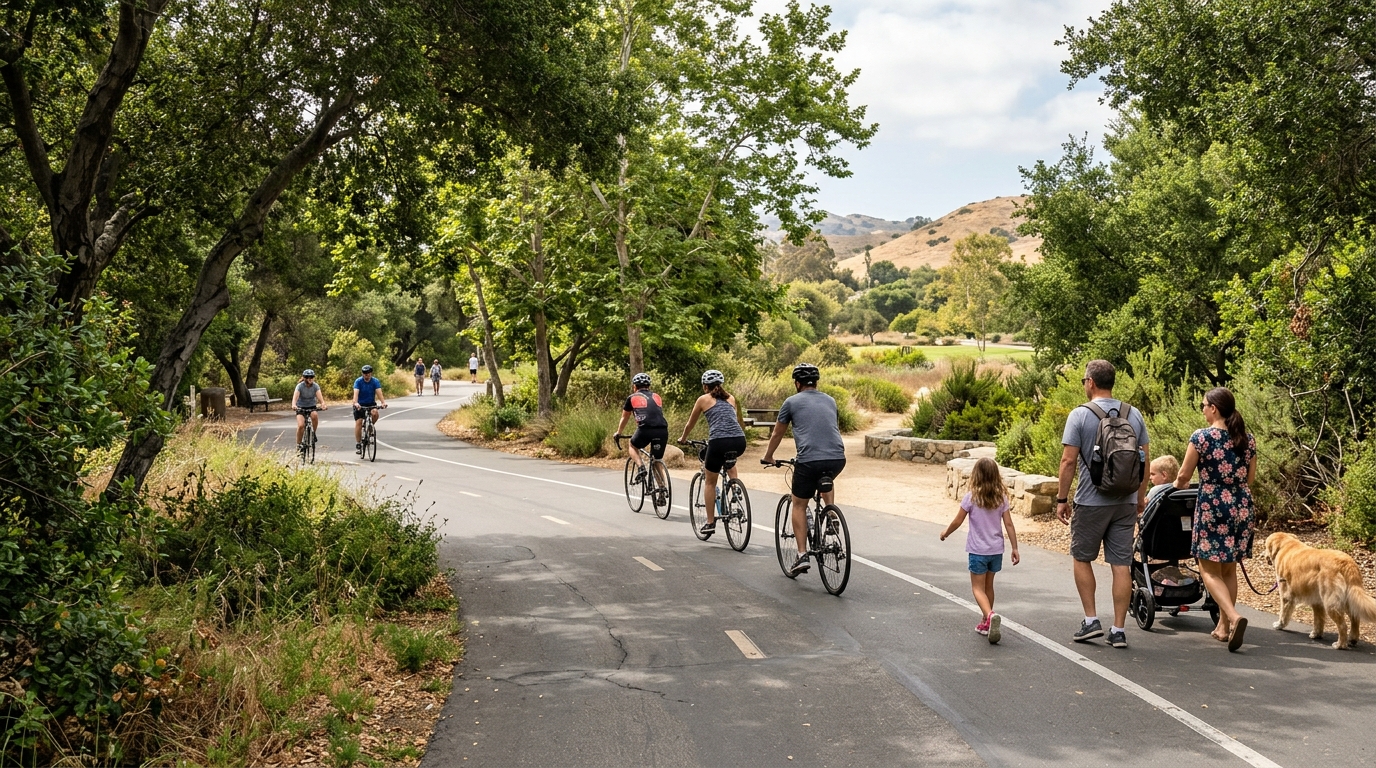 Families and cyclists using a paved path in an Orange County regional park