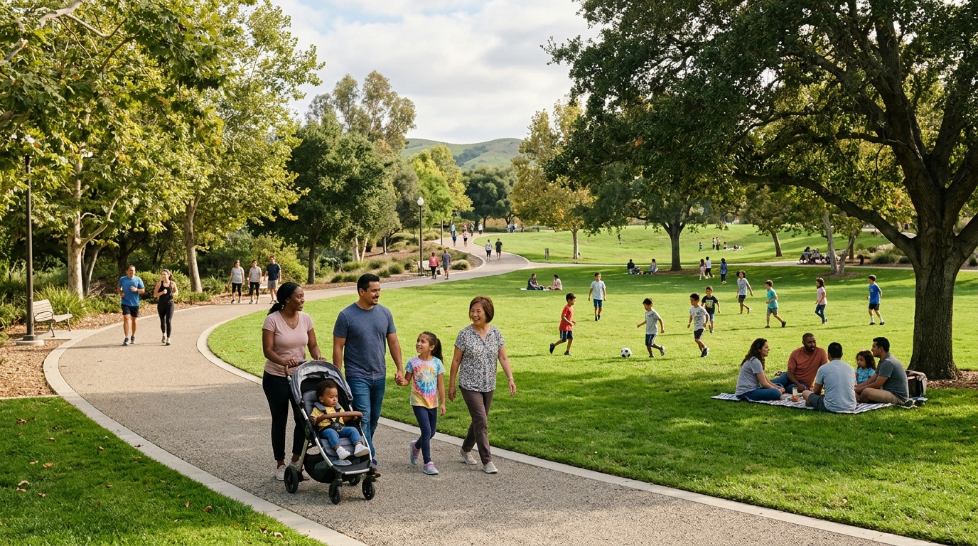 Families enjoying walking paths and open lawn in an Orange County park