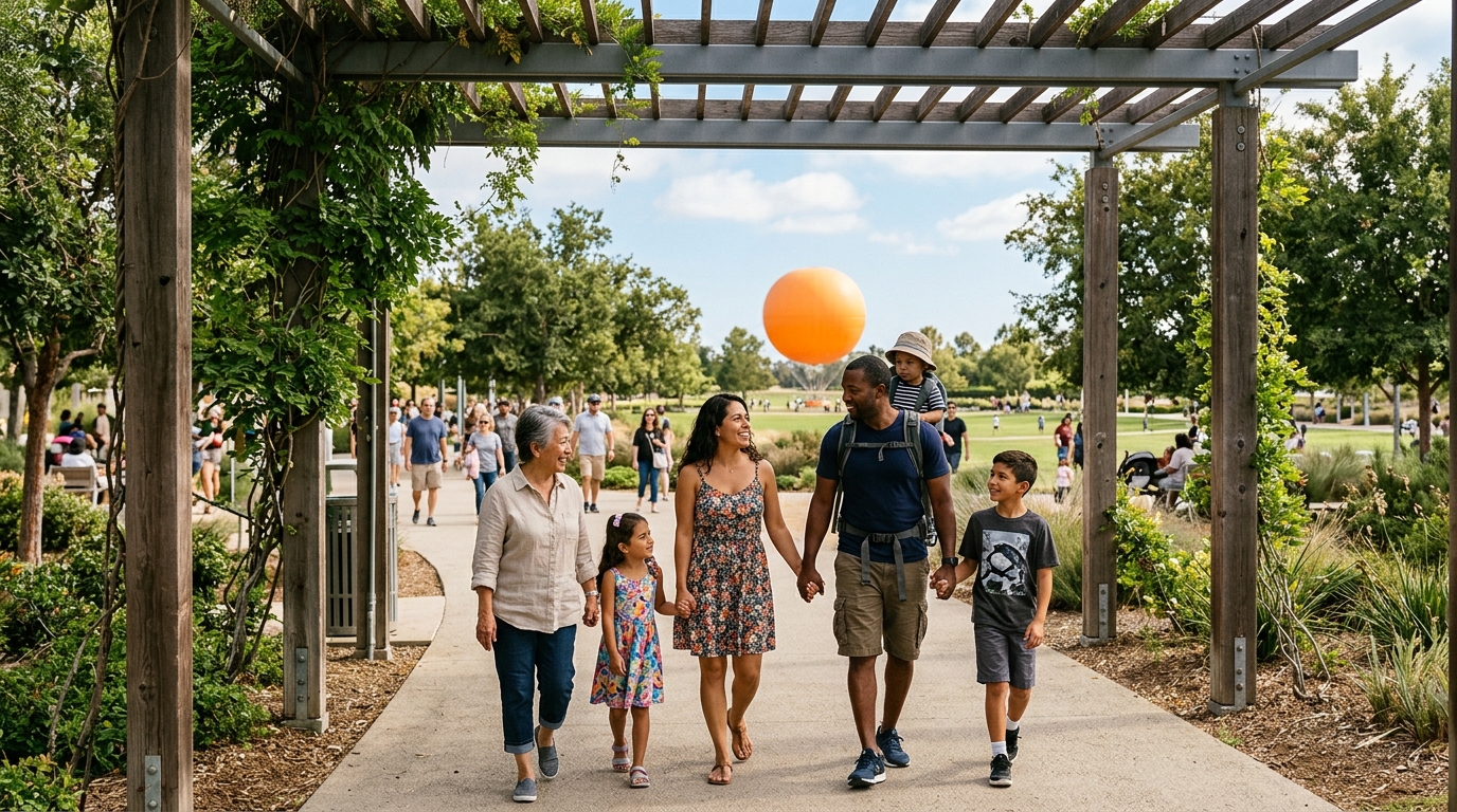 Family walking in an Orange County park with a tethered balloon in the distance