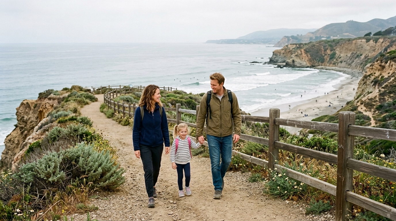 Family walking together on a safe Orange County coastal path