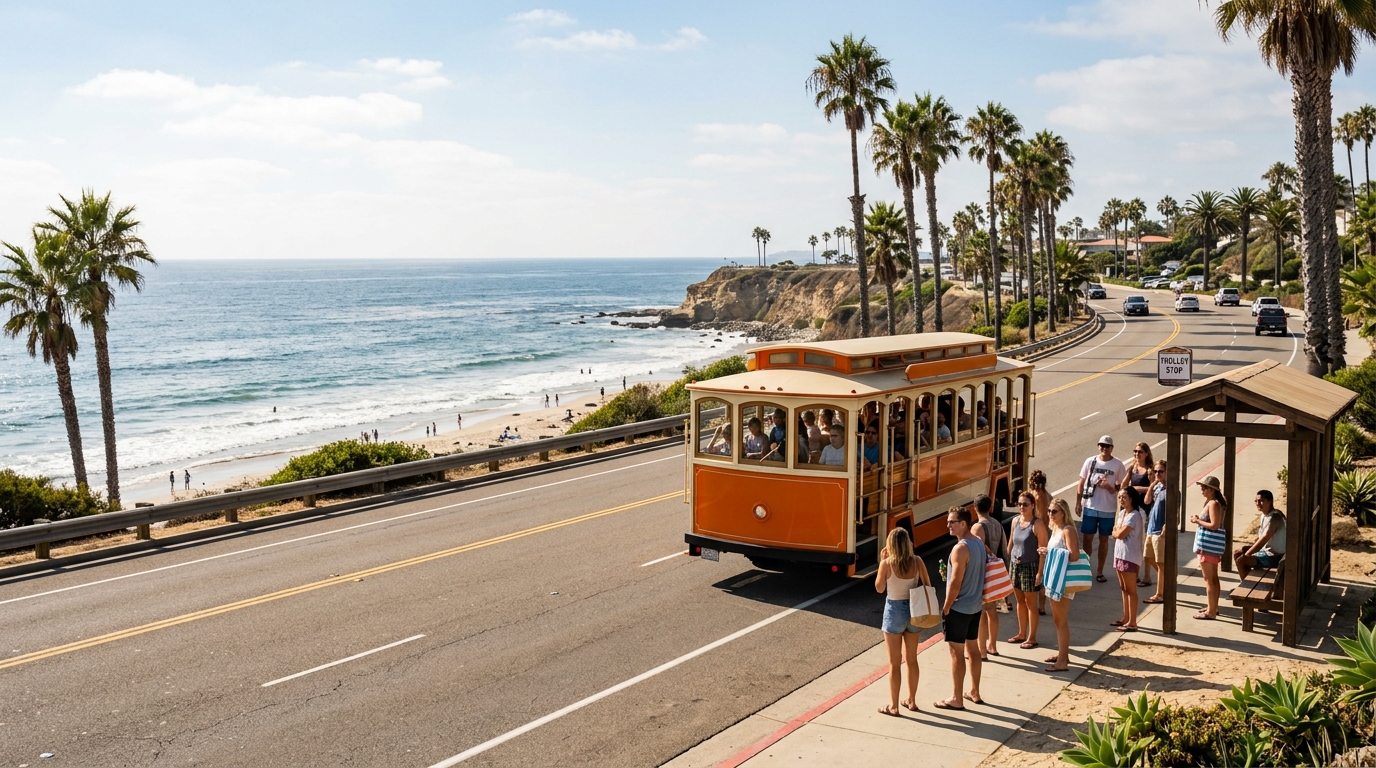 Free summer trolley traveling along an Orange County coastal road