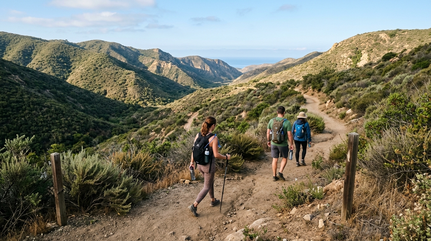 Hikers following a canyon trail through Orange County coastal sage scrub