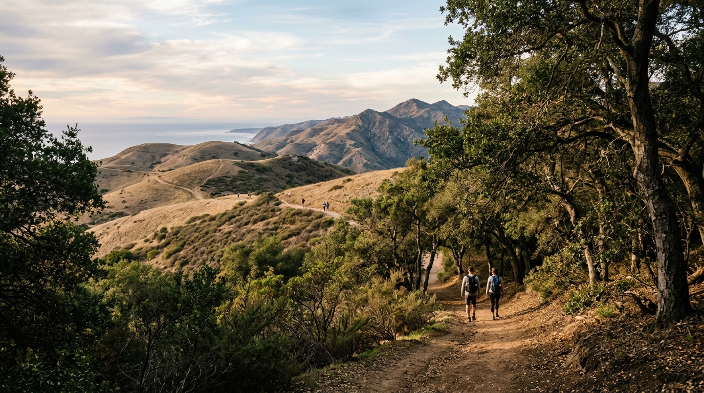 Hikers on a shaded Orange County trail with coastal hills beyond
