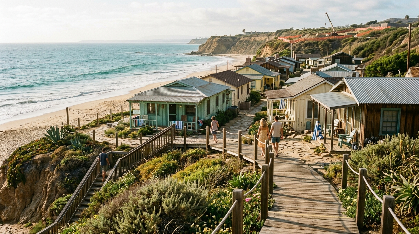 Historic coastal cottages beside the beach at Crystal Cove State Park