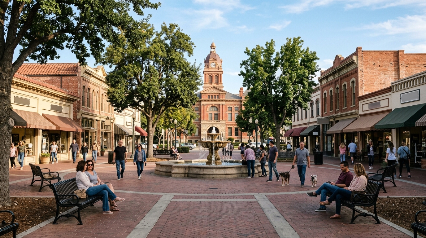 Historic downtown district and public plaza in Orange County