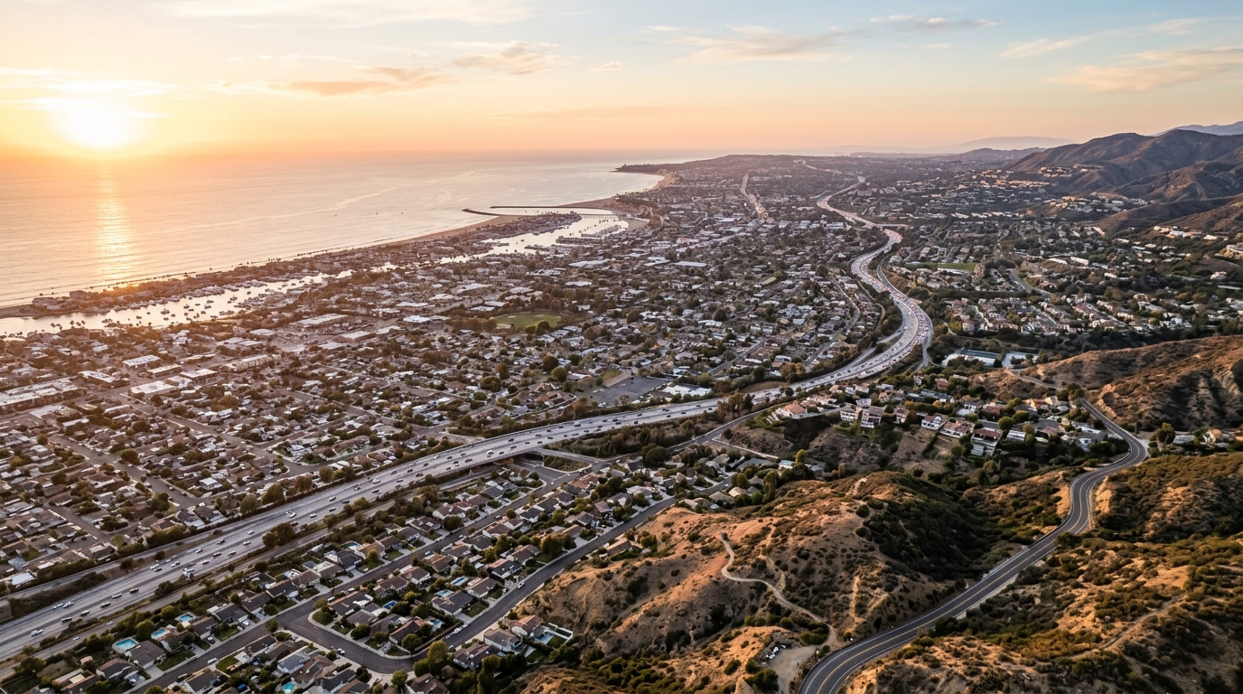 Orange County communities and transportation corridors stretching toward the coast