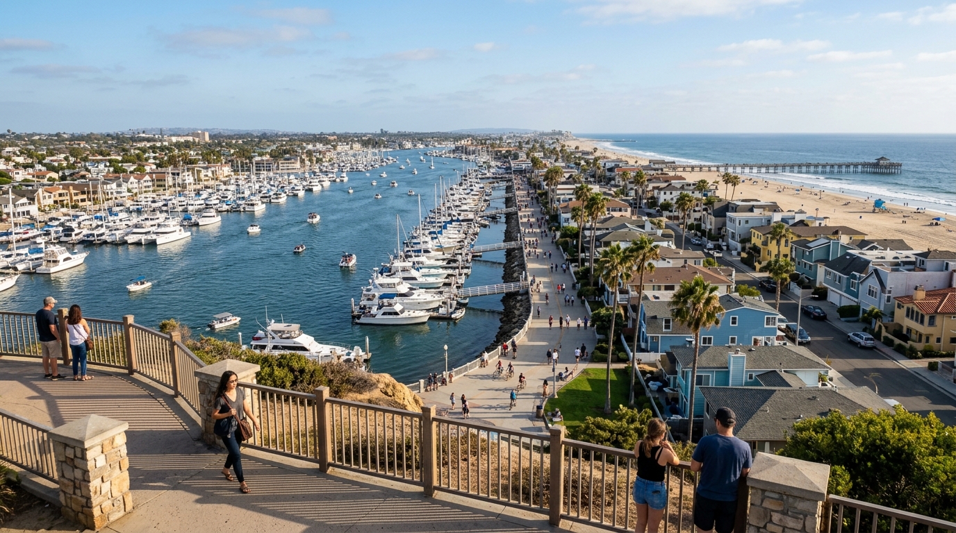Orange County harbor and beach community from a public overlook