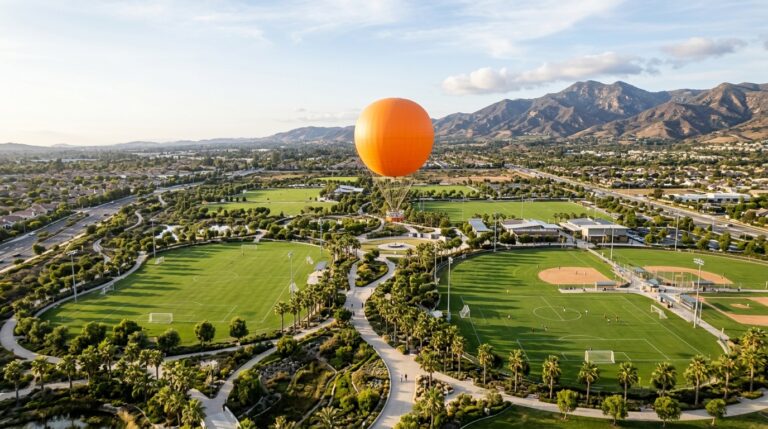 Orange tethered balloon above sports fields and pathways at Great Park in Irvine