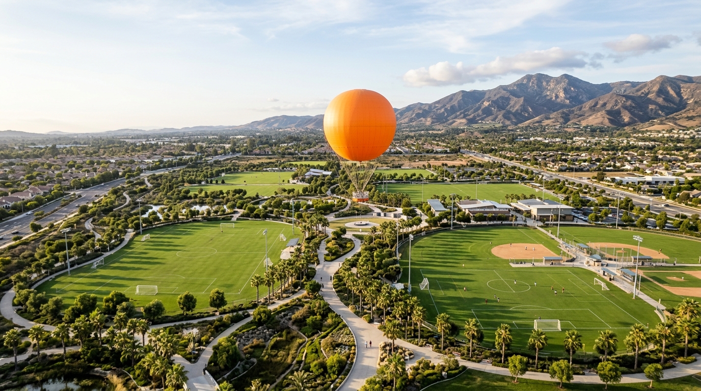 Orange tethered balloon above sports fields and pathways at Great Park in Irvine