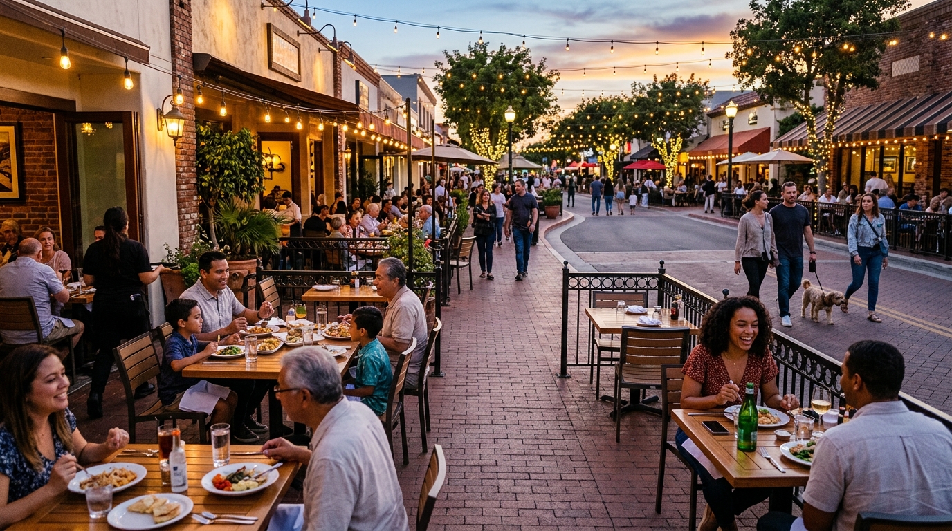 Outdoor dining in a walkable Orange County district