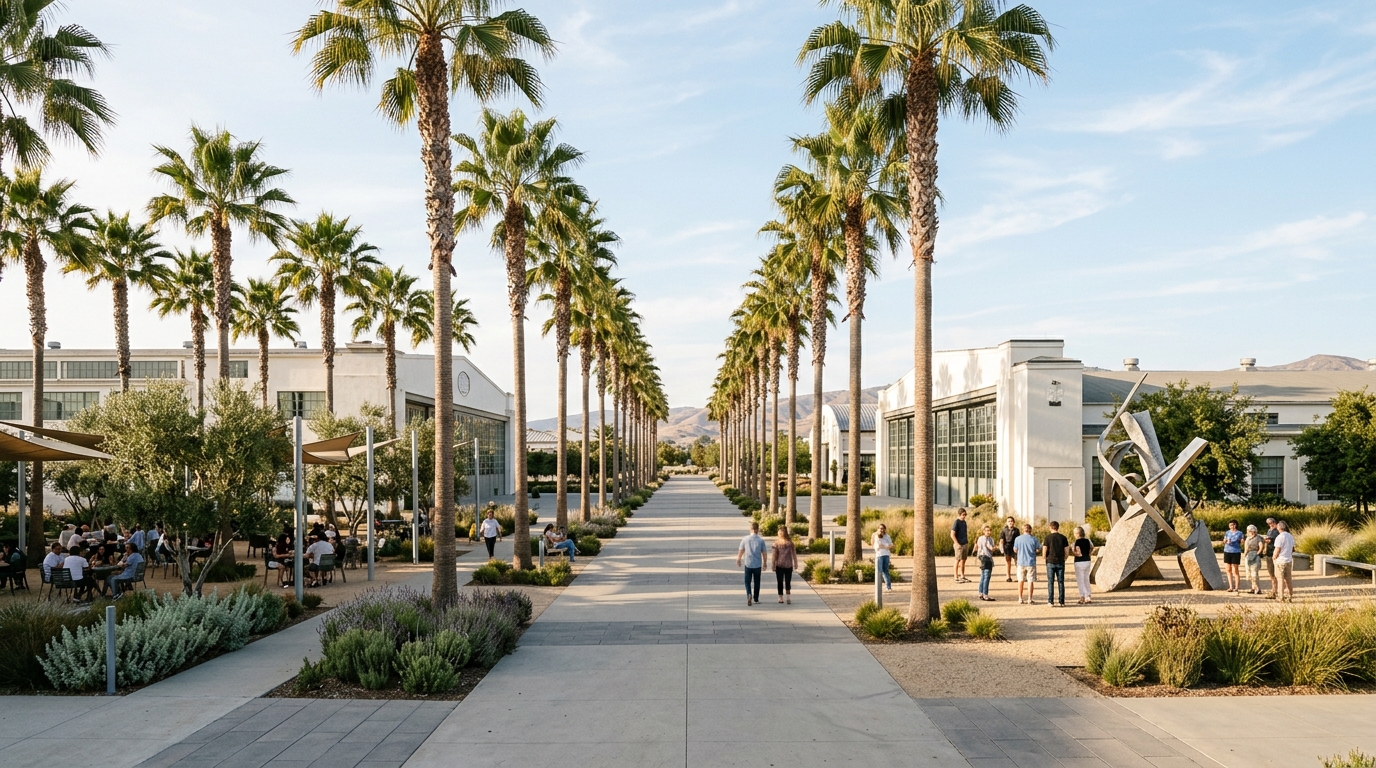 Palm-lined walkway and arts buildings at the Great Park Palm Court