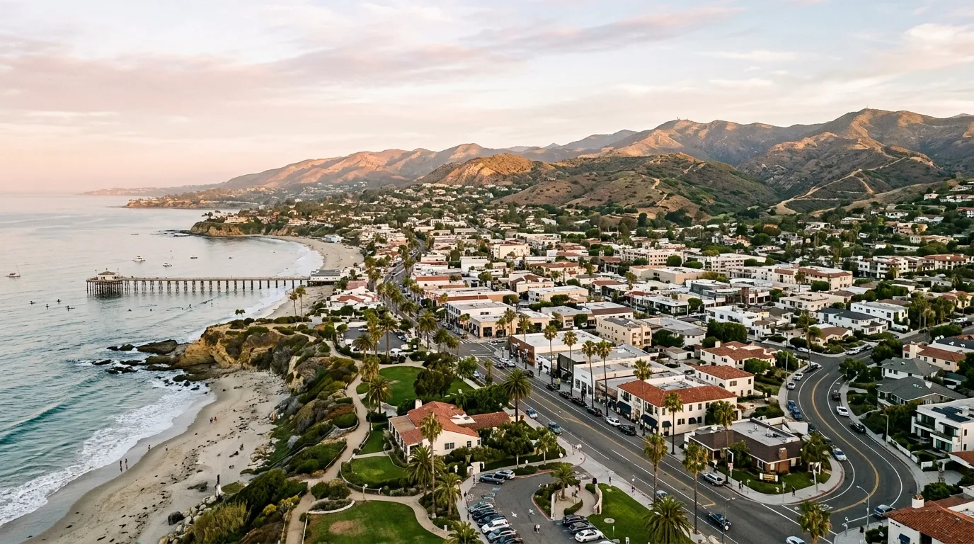 Panoramic Orange County landscape connecting coastline, city neighborhoods and foothills