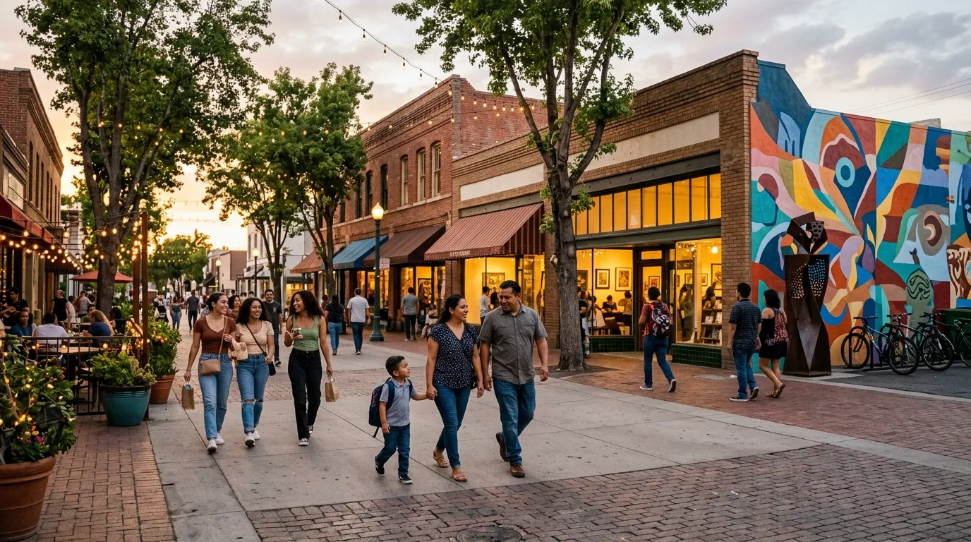 People walking through a lively cultural district in central Orange County
