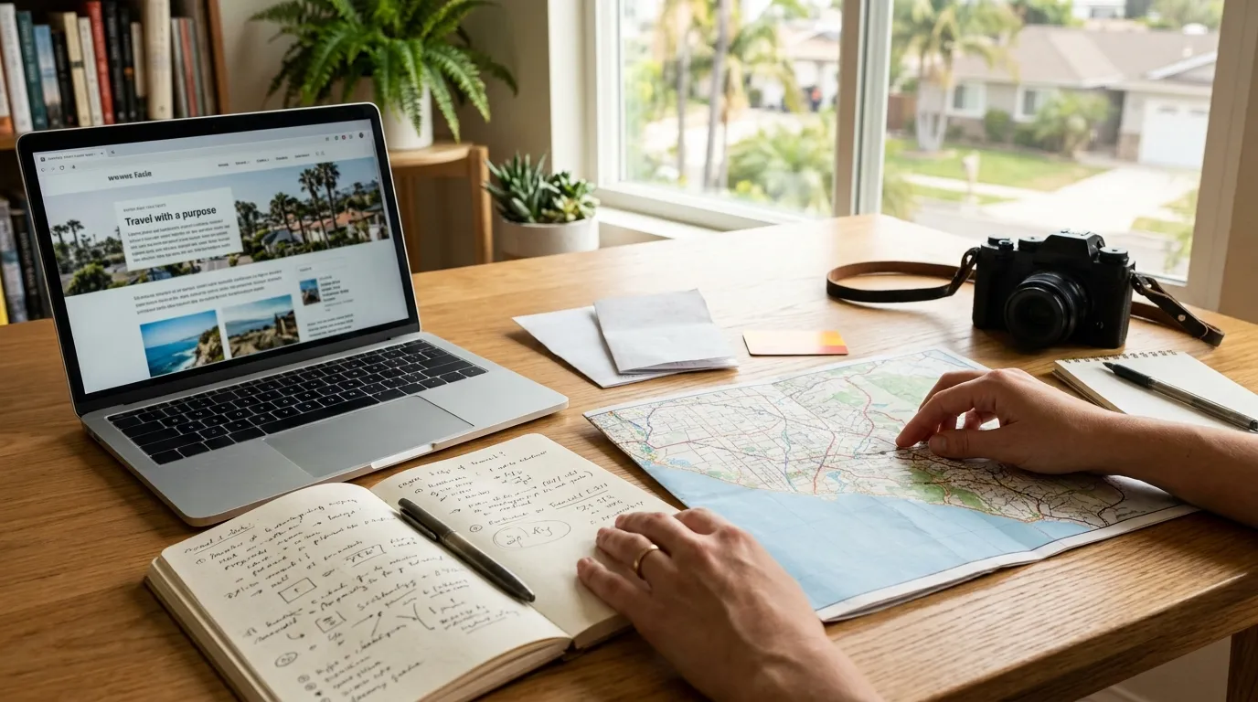 Travel editor reviewing maps and notes for an Orange County guide