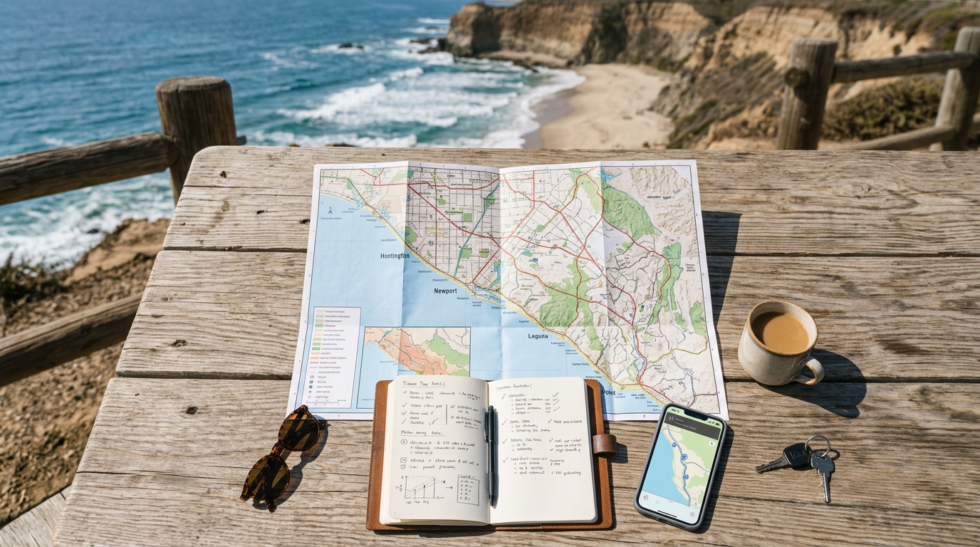 Travel map and planning tools overlooking the Orange County coast