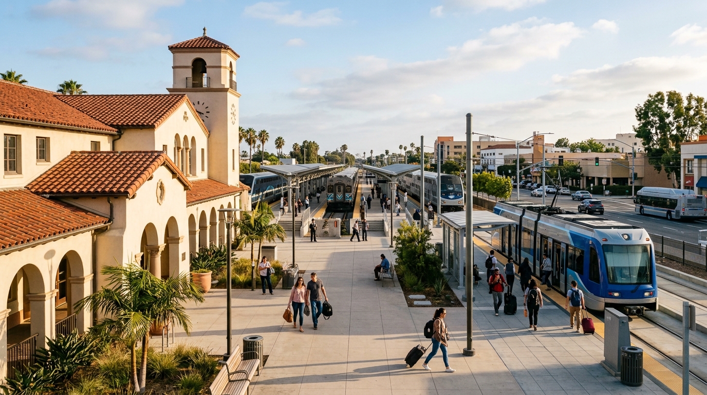 Travelers connecting between regional rail and the future streetcar in Santa Ana