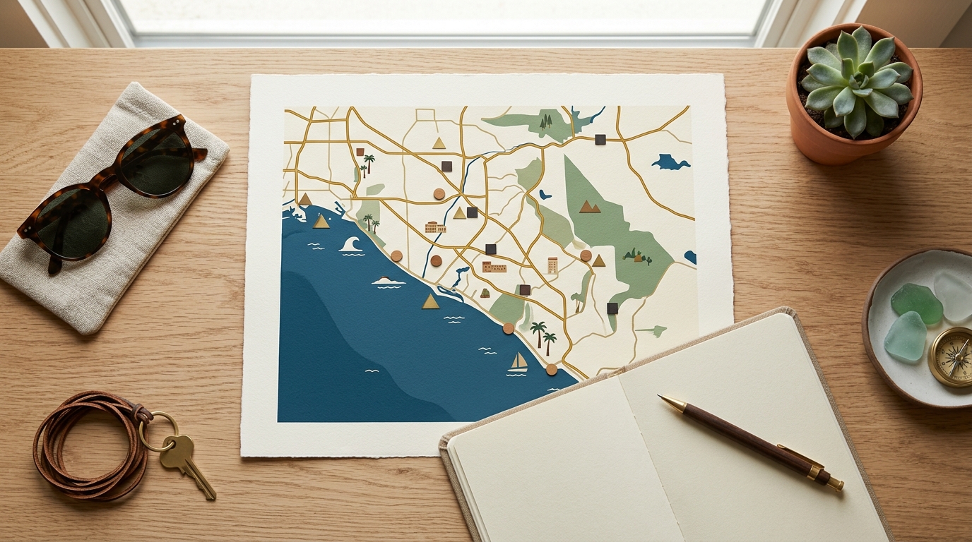 Unlabeled Orange County map with travel category markers