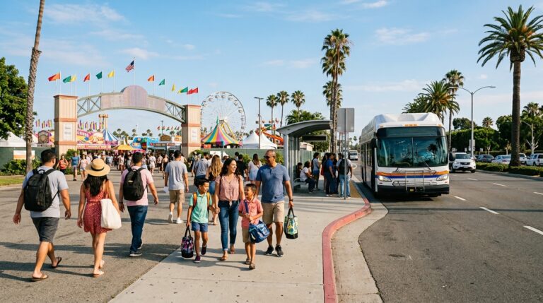 Visitors arriving near the OC Fairgrounds in Costa Mesa on a summer afternoon