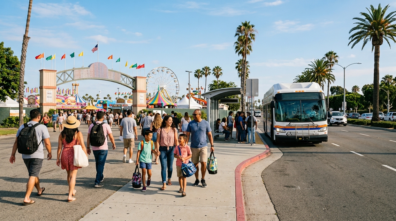 Visitors arriving near the OC Fairgrounds in Costa Mesa on a summer afternoon