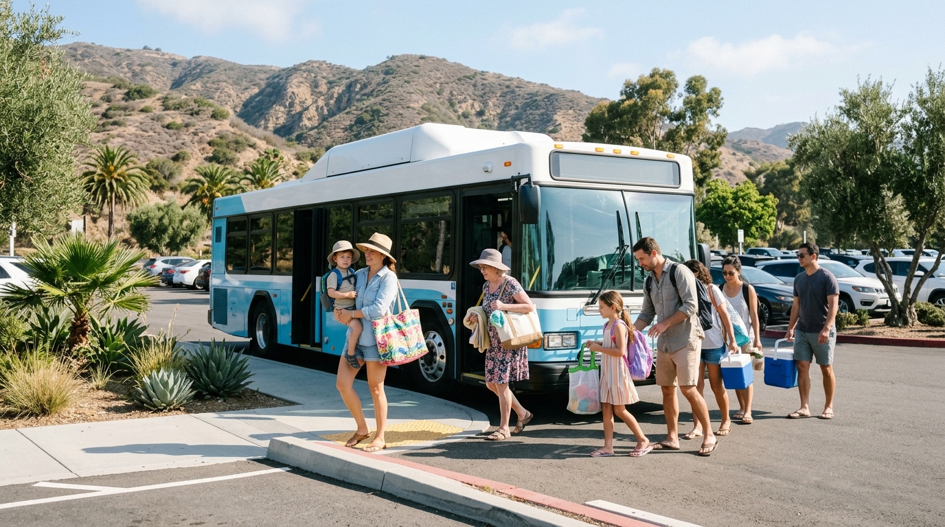 Visitors boarding a coastal shuttle at an Orange County park-and-ride area