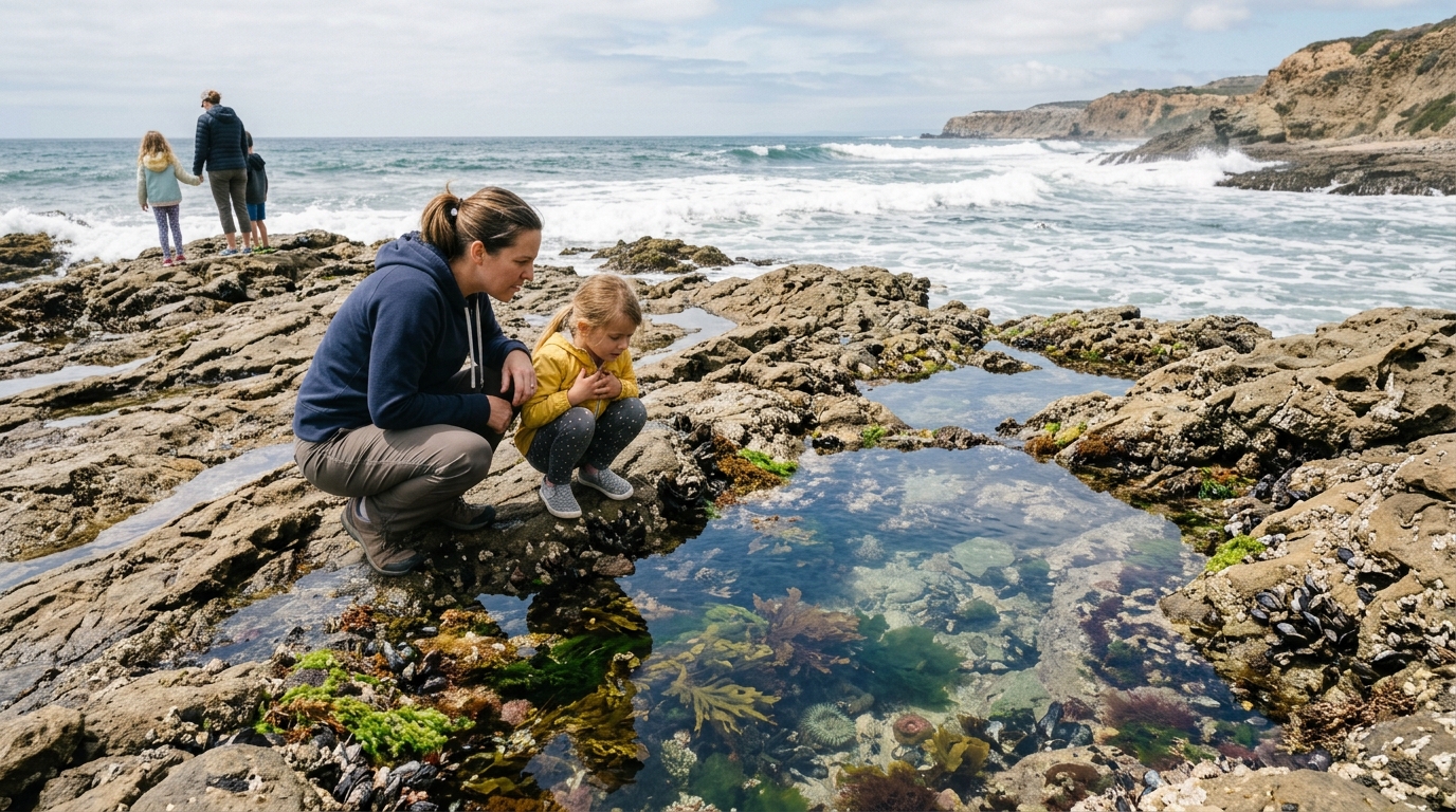 Visitors carefully observing tidepools at Crystal Cove during low tide