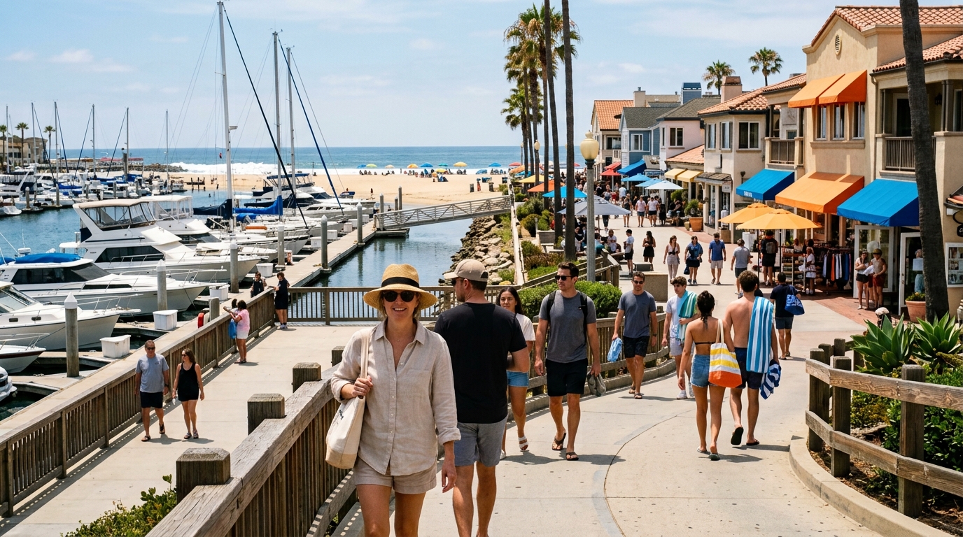 Visitors following a harbor and beach route during an Orange County day trip