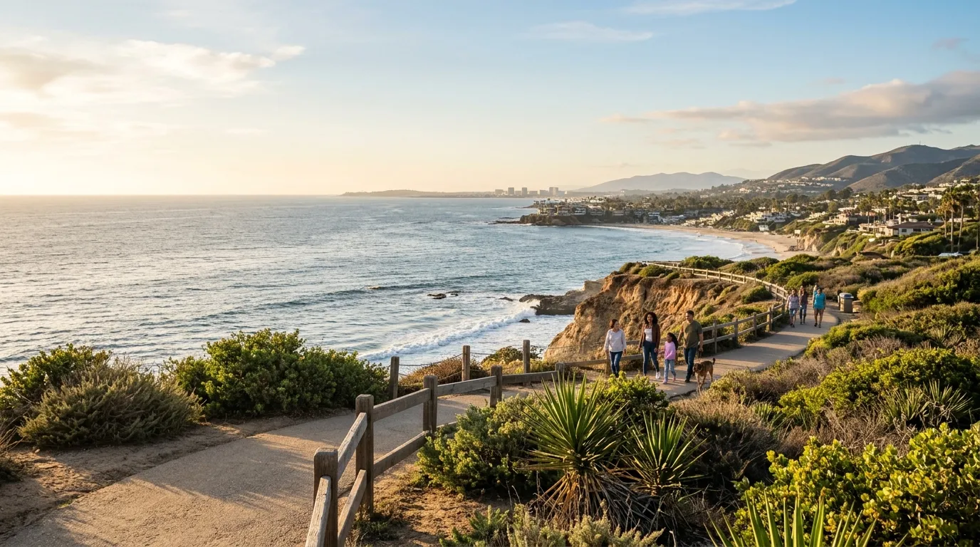 Visitors walking along a sunlit Orange County coastal bluff with the Pacific Ocean beyond