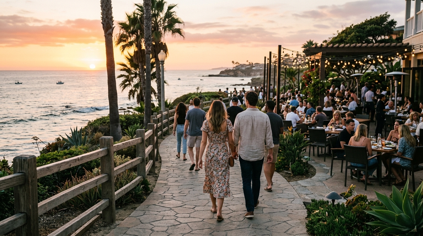 Visitors walking from the coast toward an outdoor dining area