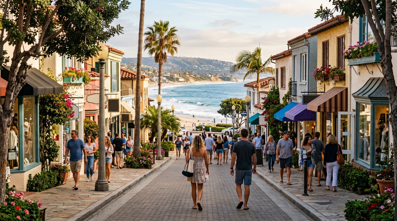 Walkable coastal community leading toward the Pacific Ocean in Orange County